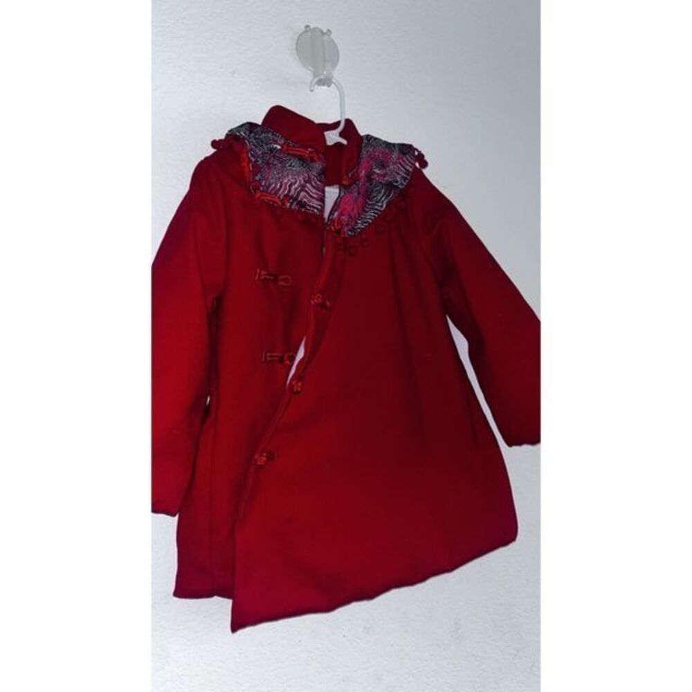 Asian Red Faux Wool Faux Coat 4T Lined Asian Pattern Fabric Satin Collar